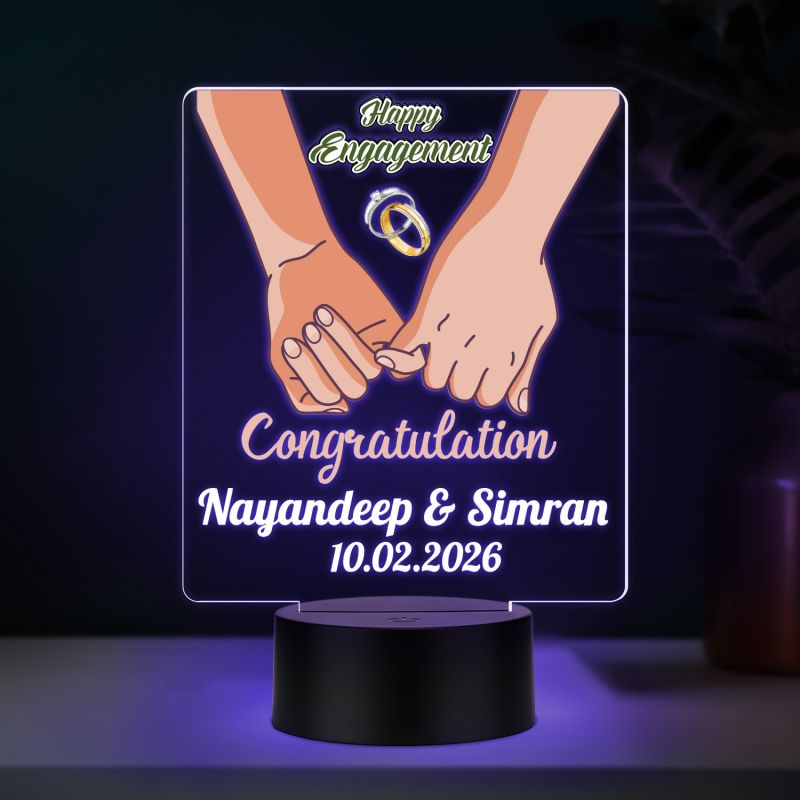 Personalized Happy Engagement LED Night Lamp with Couple Holding Hands Design Automatic Color Changing Light & USB Powered Engagement Gift for Friends, Brother, Sister & Colleague